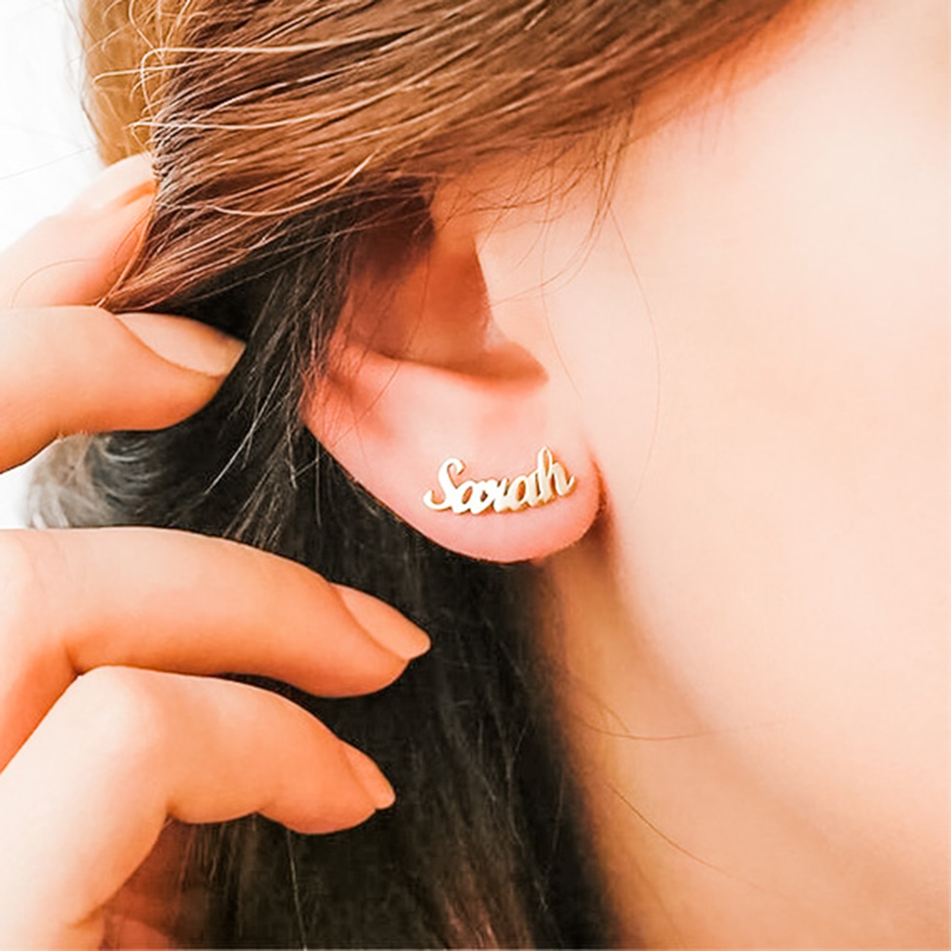 Image of Two Name Custom Earring Studs in 18K  Gold from Custom Name Jewelry