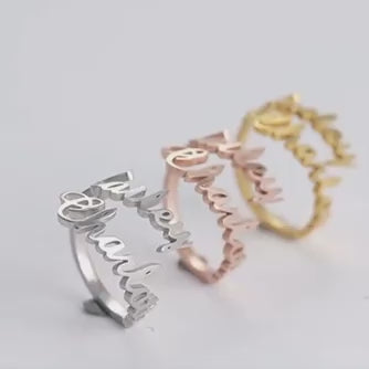 Custom Name Jewelry presents a video detailing their double-name rings available in Gold, silver, and Rose gold.