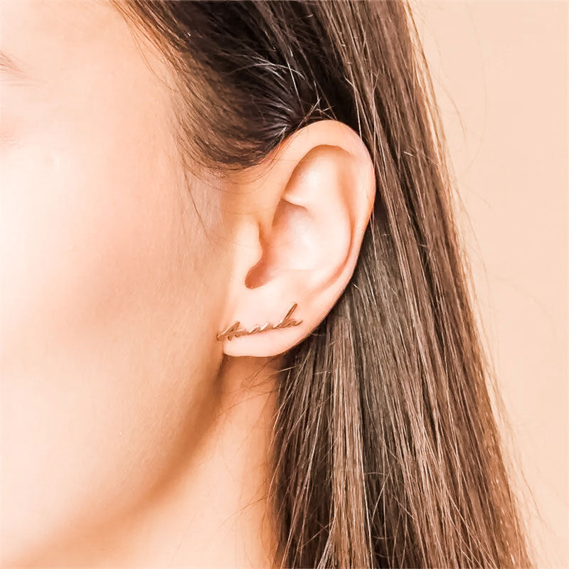 Image of Handwritten Custom Name Earrings featuring custom made earrings in rose gold