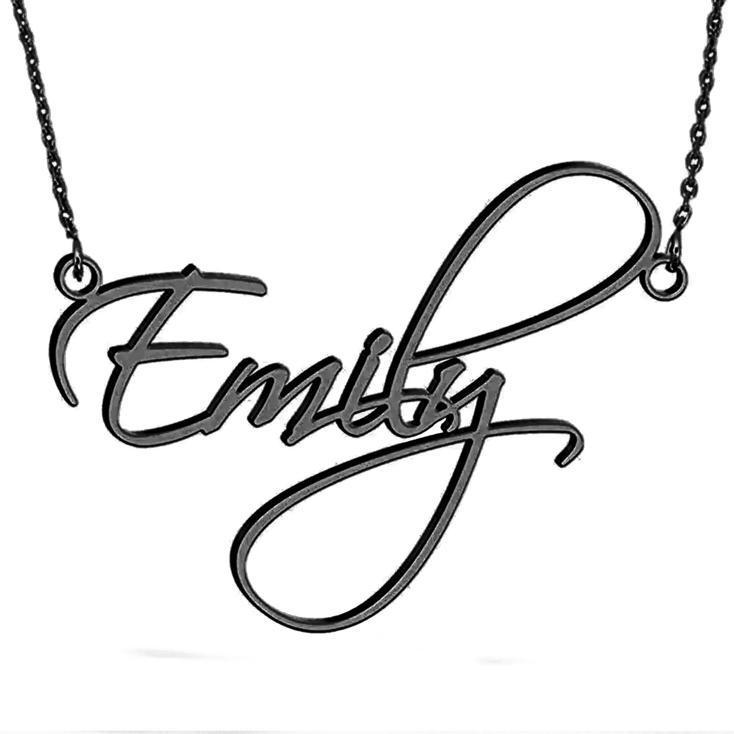 Detailed view of black link chain with a custom-made script name necklace from CustomNameJewelry.com.