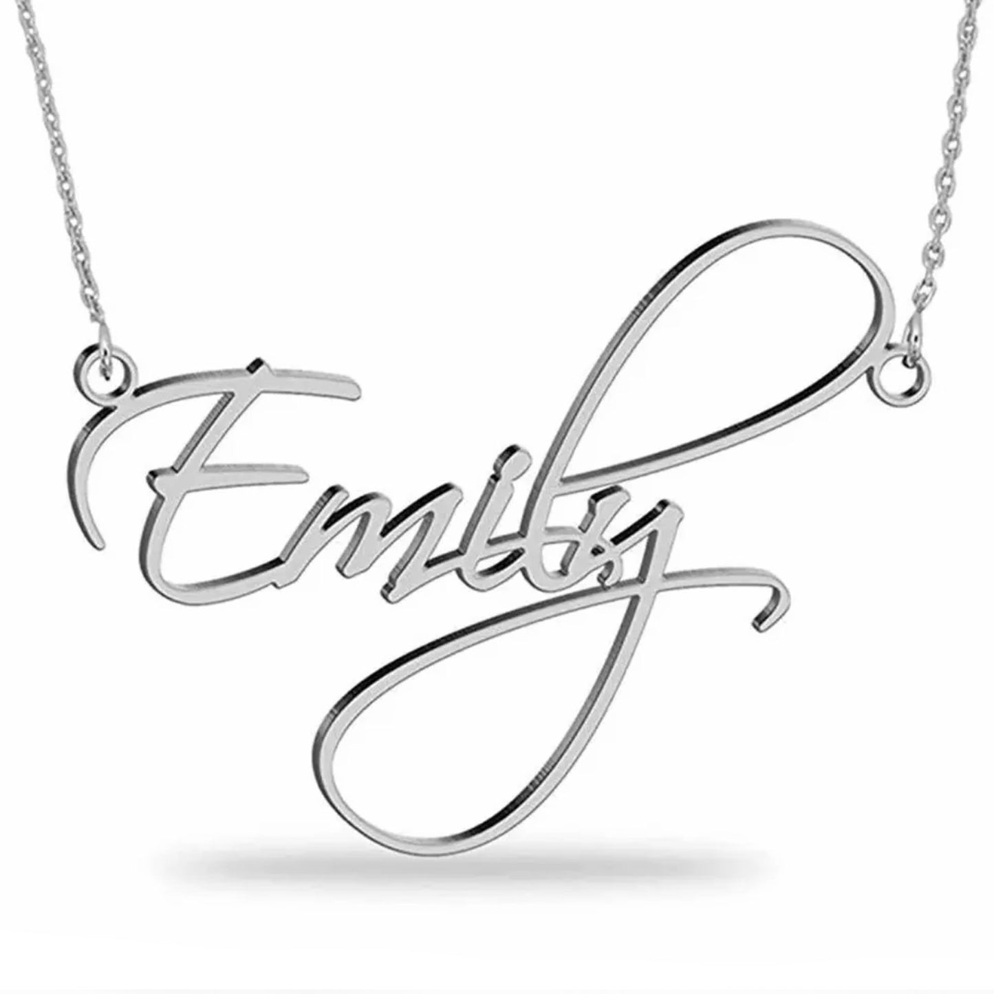 Detail of a silver link chain and a personalized script name necklace.