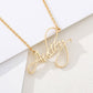 Detailed view of gold link chain with a custom-made script name necklace from CustomNameJewelry.com.