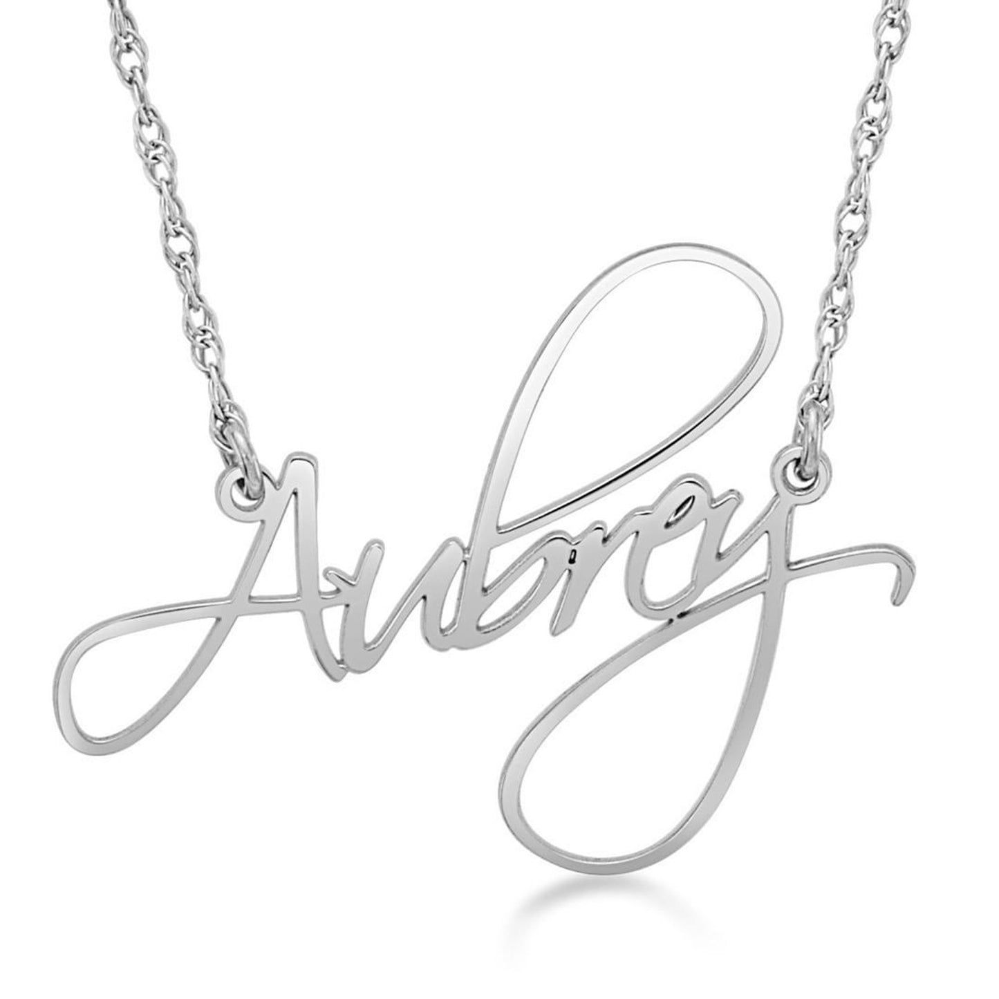 Detailed view of silver link chain with a custom-made script name necklace from CustomNameJewelry.com.